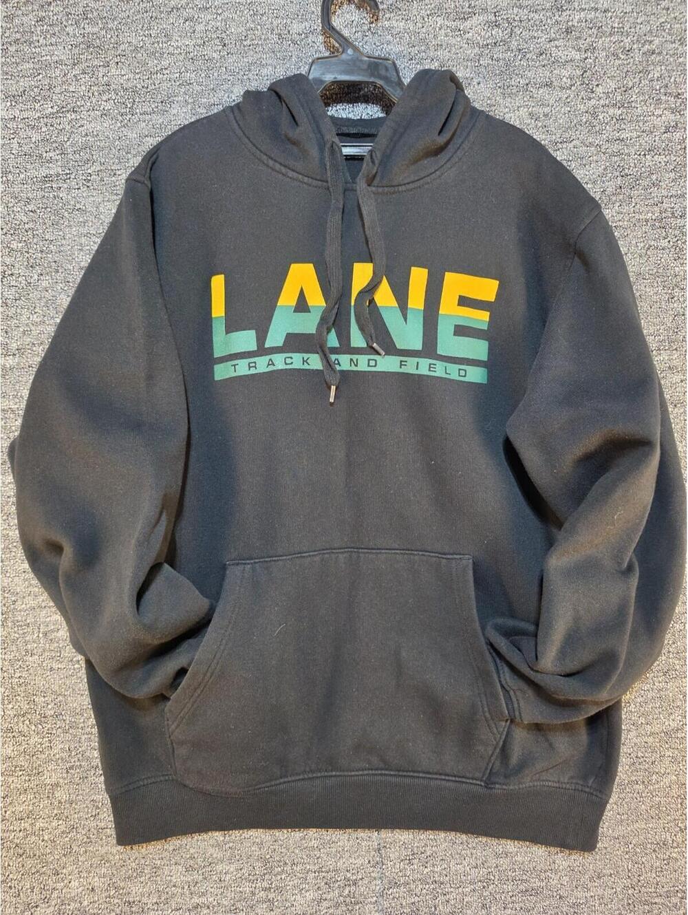 Black Graphic Print Hooded Fleece Pullover Hoodie with Pockets Men's L